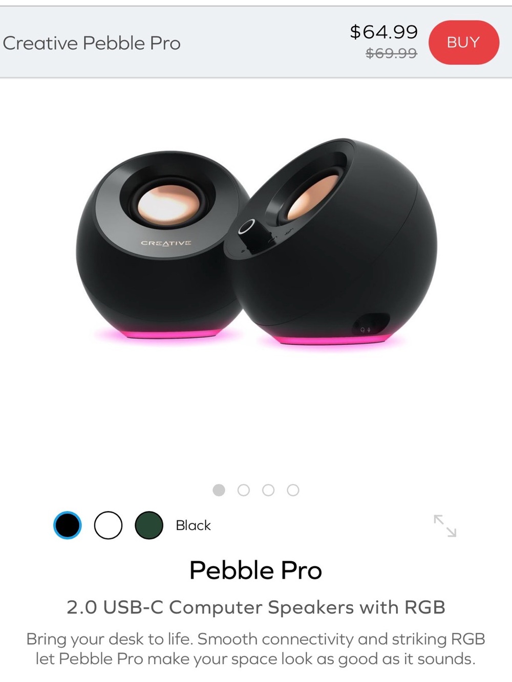 Creative Pebble Pro USB-C Desktop Speakers in Black with RGB Accent